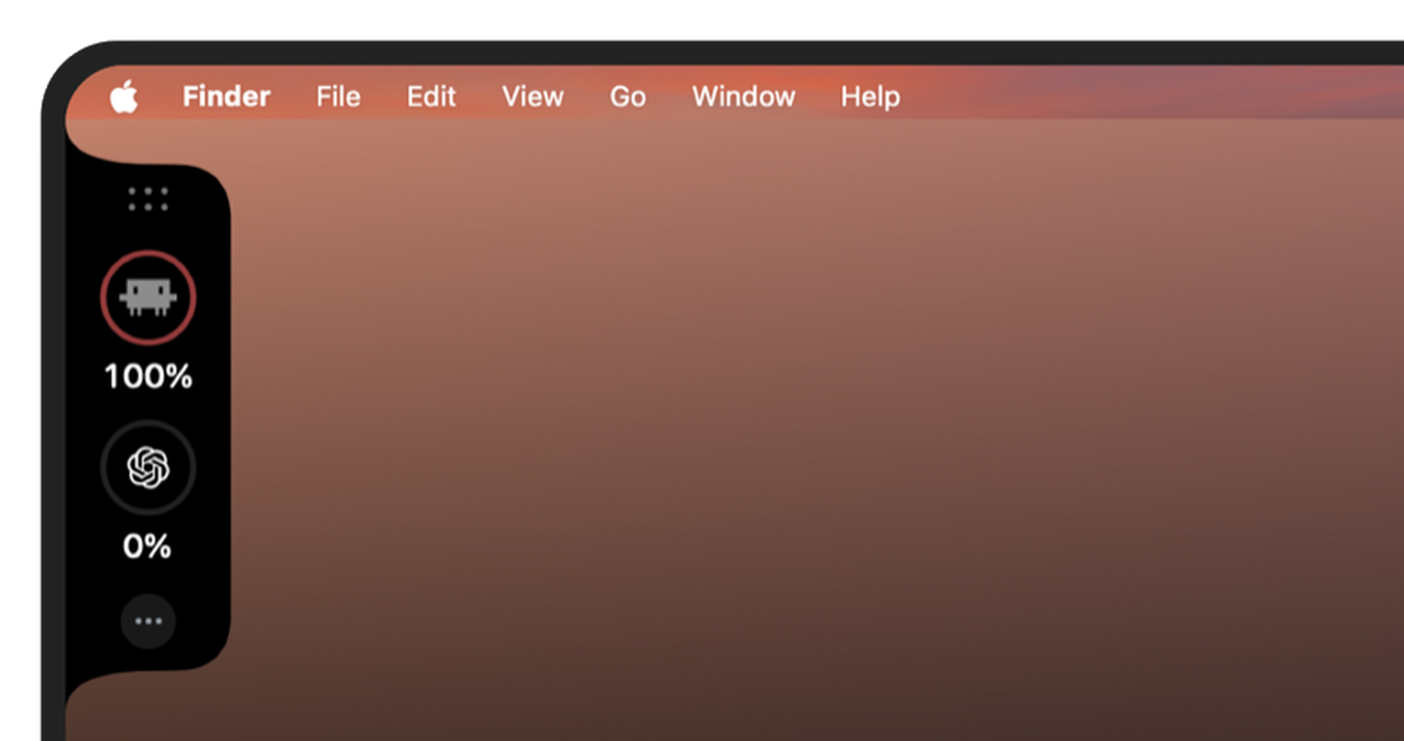 The top-left corner of a Mac display: the menu bar, and Brim&rsquo;s notch on the edge showing Claude at 100 per cent and ChatGPT at 0