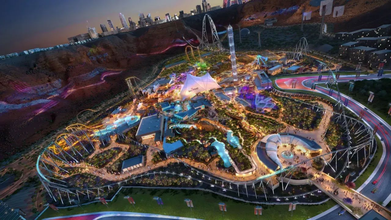 Six Flags Qiddiya City park at dusk